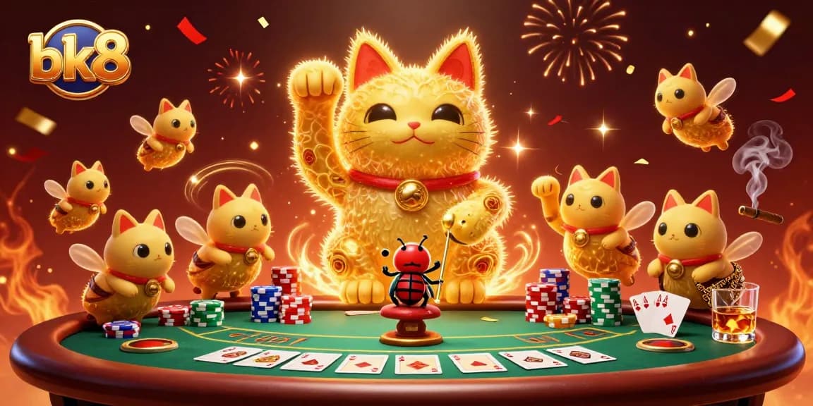Experience luck with bk8 as fireflies create a giant lucky cat amidst vibrant casino elements.