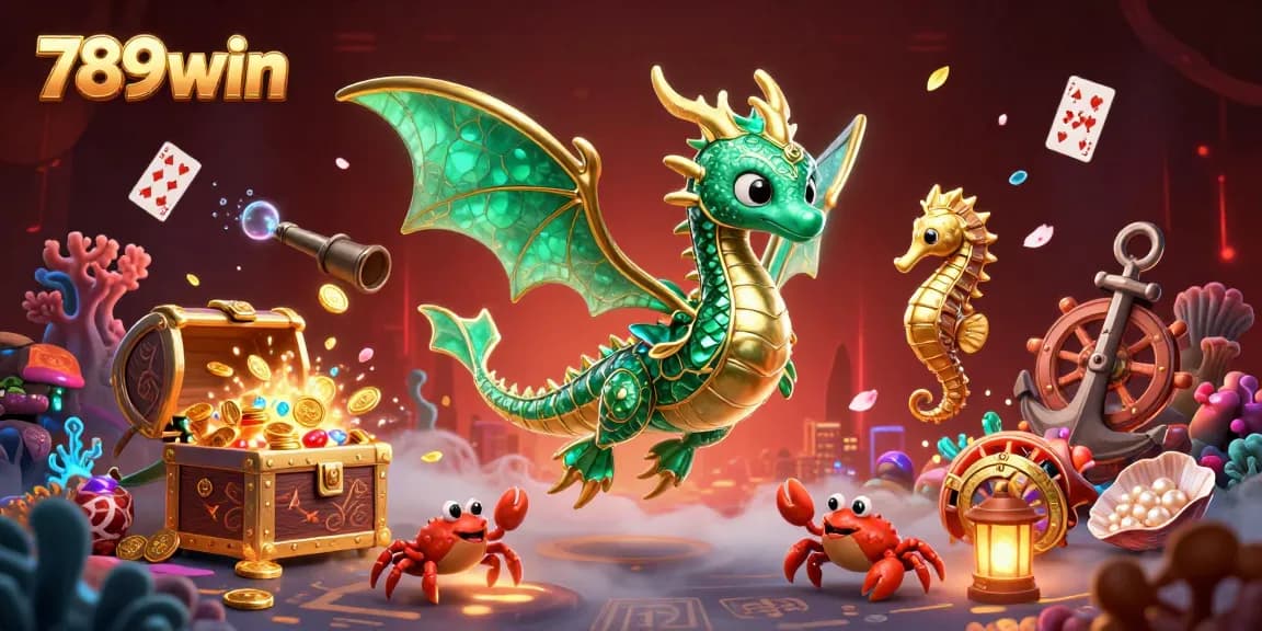 Engage with 789win's exciting underwater adventure featuring emerald dragon guarding treasures and casino elements.