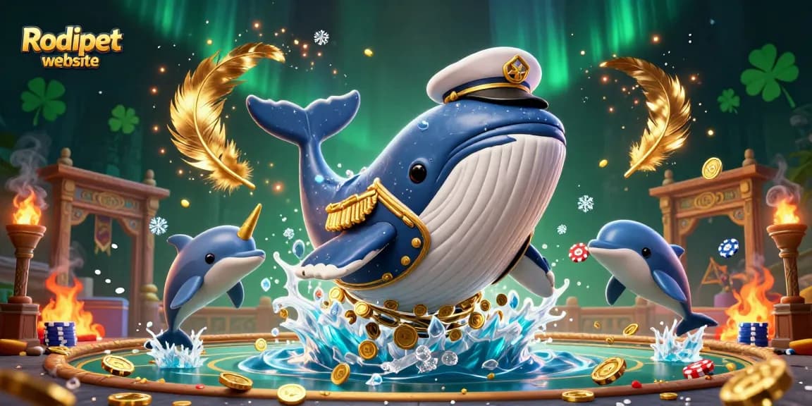 Experience excitement on the Rodipet website with a whimsical whale and playful dolphins in a dynamic gaming scene.