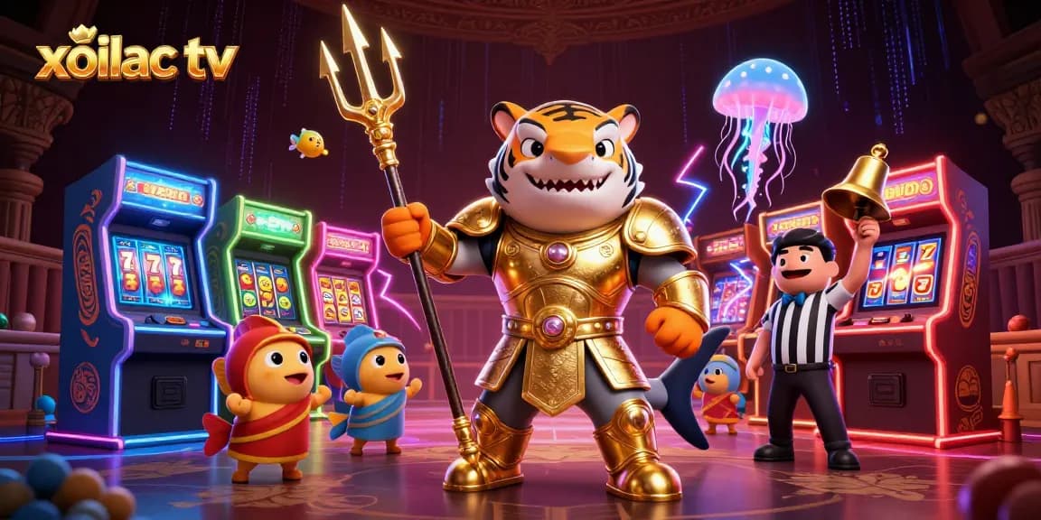 Xoilac TV captures the thrill of online gambling with dynamic 3D characters and vibrant casino elements.