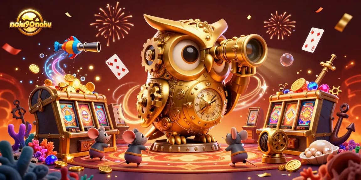 Engage in thrilling play at nohu90nohu with our 3D golden owl mascot amidst a vibrant casino atmosphere.