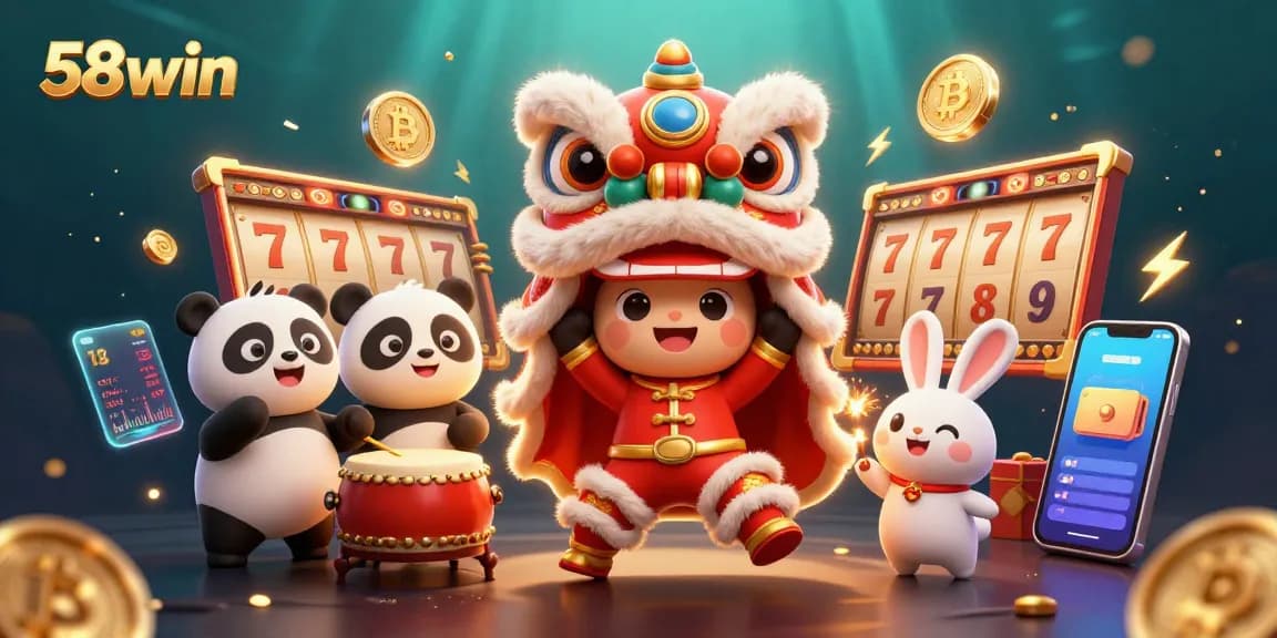 Experience thrilling wins with 58win in this vibrant casino celebration featuring lion dance and gaming elements.