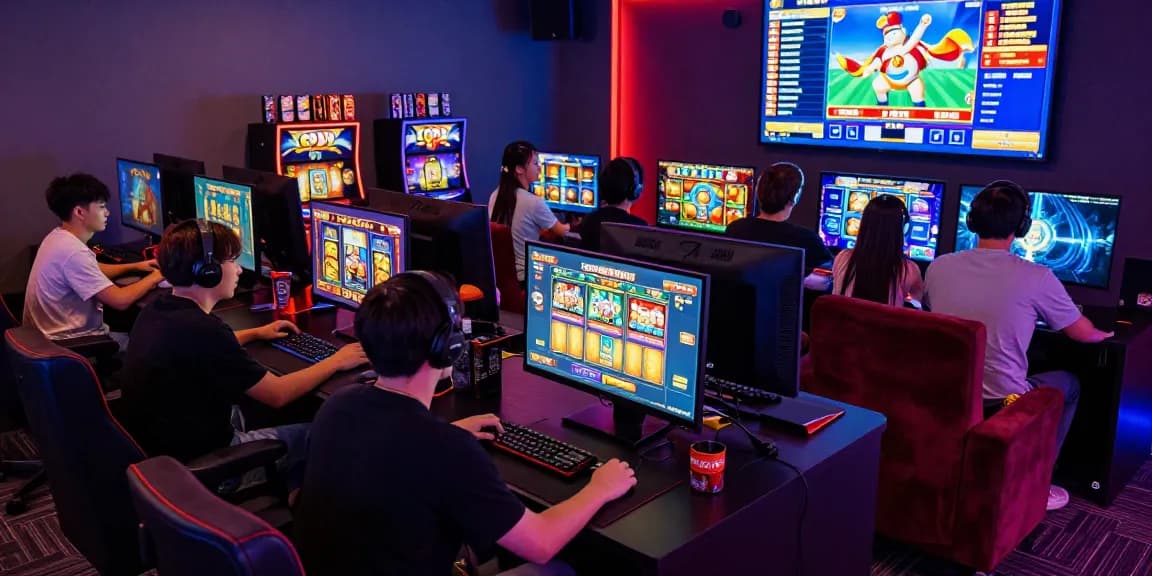 Diverse players engaging in an exciting slot game competition in a vibrant gaming lounge.