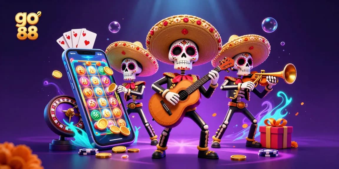 Engage with the vibrant world of go 88 in this colorful casino illustration showcasing mariachi skeletons amidst gaming action.