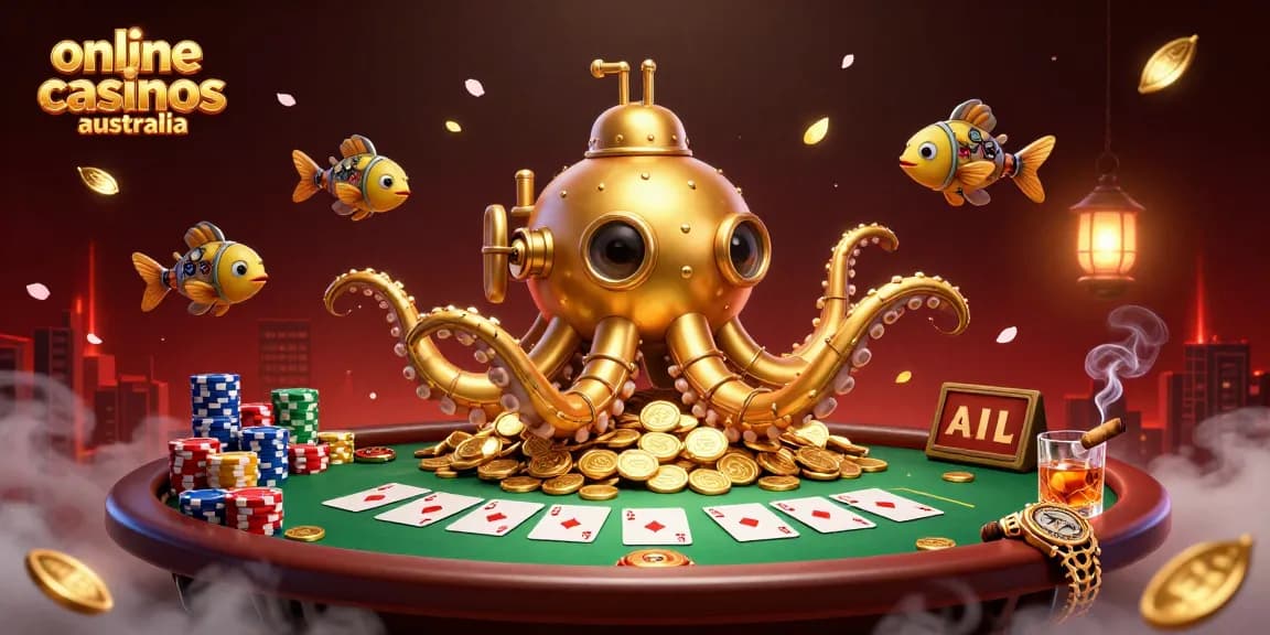 Engage in online casinos australia action with a kraken submarine amidst a gold coin sea and poker game.