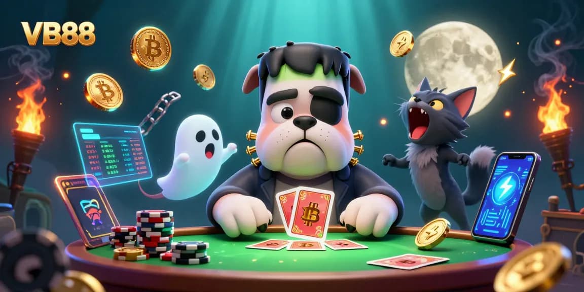Engage with VB88 in a thrilling casino scene featuring a bulldog dealer and vibrant gaming elements.