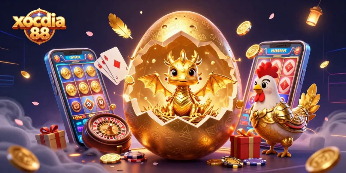 Experience the excitement of xocdia 88 with a golden egg revealing a golden dragon amidst vibrant casino elements.