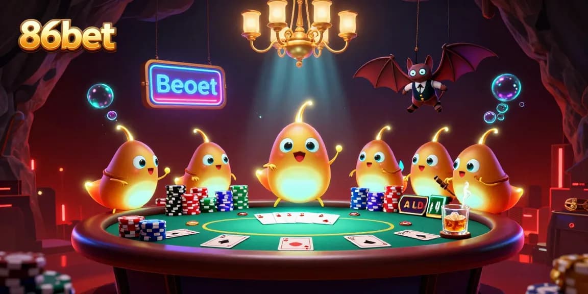 Light up your gaming experience with 86bet in this vibrant casino scene featuring glowworms and a bat dealer.