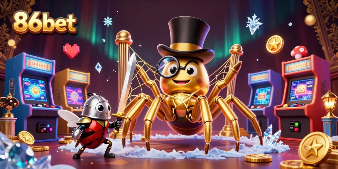 Engage with 86bet's dynamic universe, featuring a brave beetle knight embarking on an adventure amidst a vibrant casino.