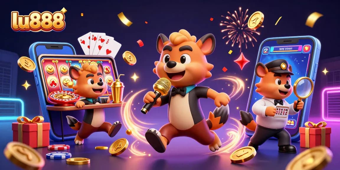 Engage with the vibrant lu888 casino scene showcasing comedians and bartenders amidst colorful slot games.