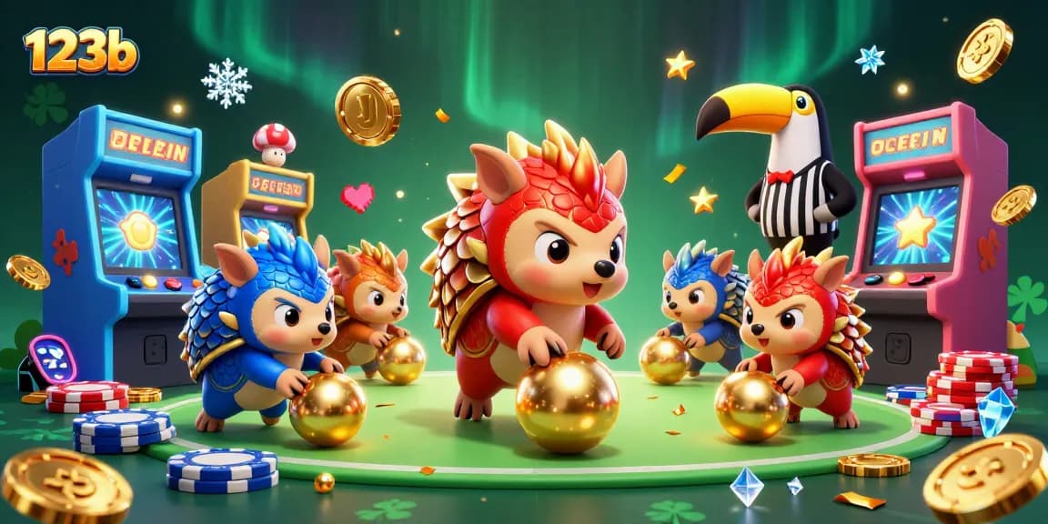 Compete at 123b as rival pangolins bowl through poker chips in a vibrant 3D casino scene.