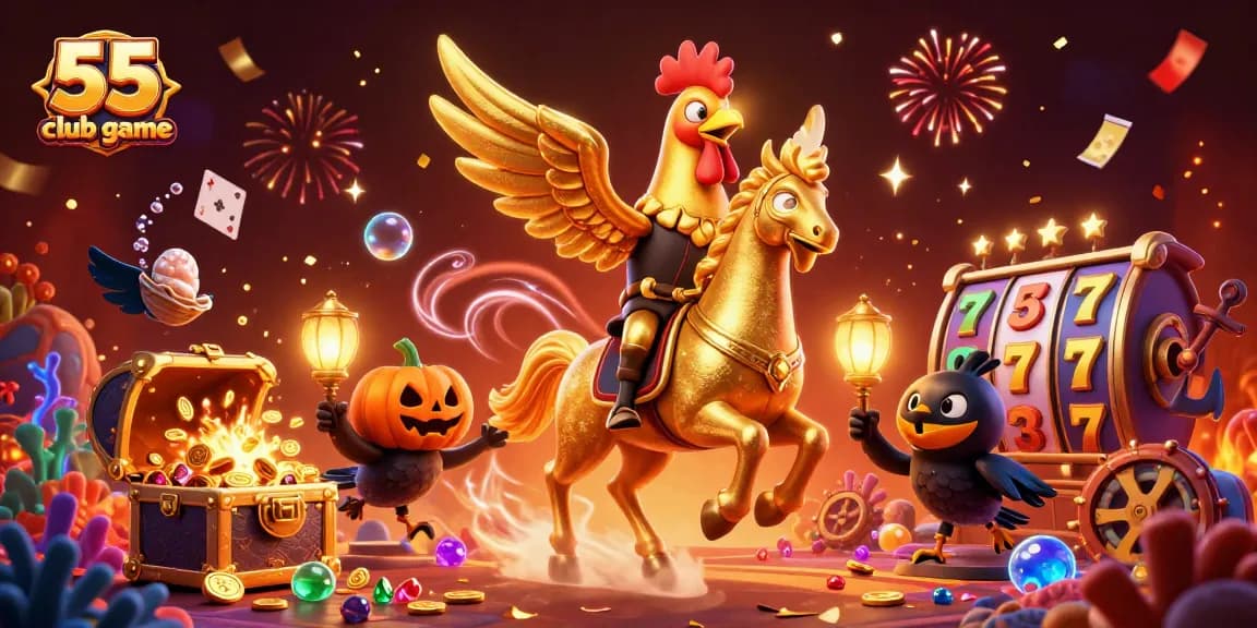 Experience the thrill of the 55 club game with a golden rooster in a vibrant casino scene.