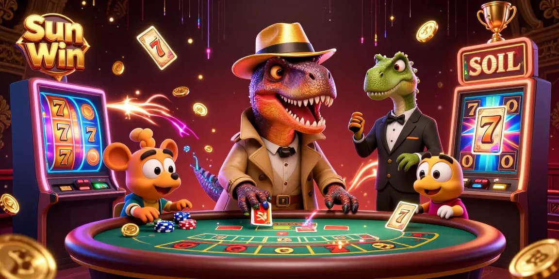 Engage with Sun Win's thrilling casino experience featuring a velociraptor card counter and dynamic slot games.