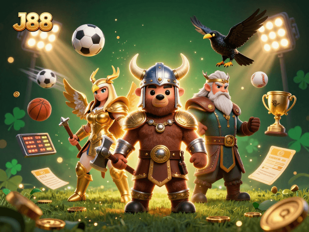 Experience thrilling action at J88 with our vibrant illustration of a Viking berserker and Eagle amidst iconic sports betting elements.