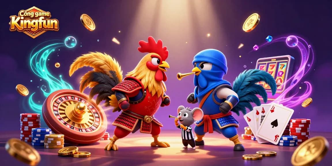 Cổng game Kingfun features epic duel between samurai rooster and ninja rooster amid dynamic casino elements.