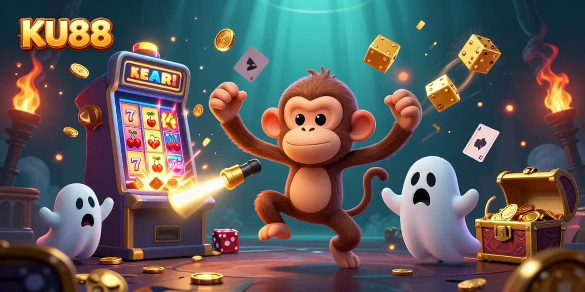 Engage in thrilling casino excitement with KU88's captivating card game scene featuring a mischievous monkey and curious puppy.