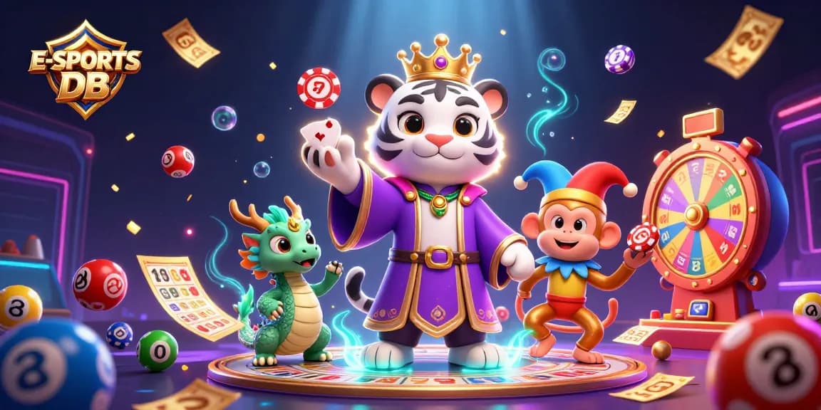 E-SPORTS DB showcases vibrant casino elements in a cheerful animated scene, reflecting excitement and winning potential.