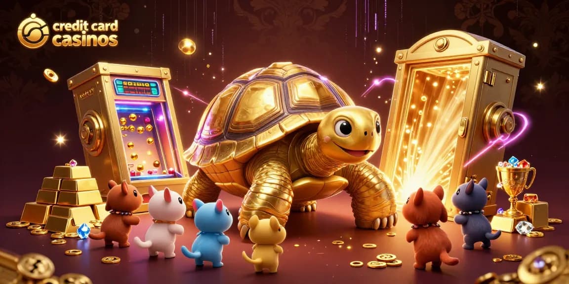 Excited players at credit card casinos interact with a colossal golden tortoise pinball machine and vibrant game elements.