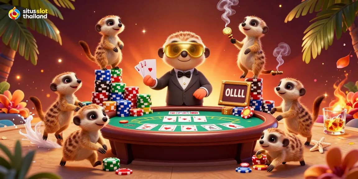 Engage with the vibrant scene of situs slot thailand as playful meerkats manage a bustling casino filled with colorful poker elements.