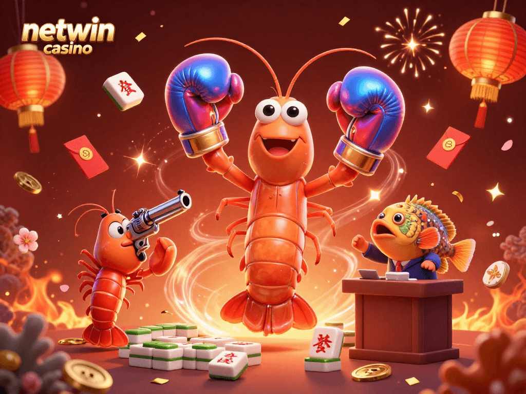 Experience gaming thrills at netwin casino with vibrant shrimp characters amidst colorful gambling elements.