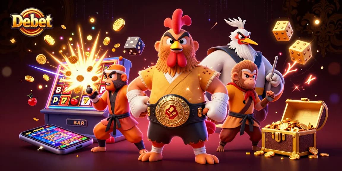 Spin the reels with Debet's vibrant cartoon casino scene full of action and jackpot excitement.