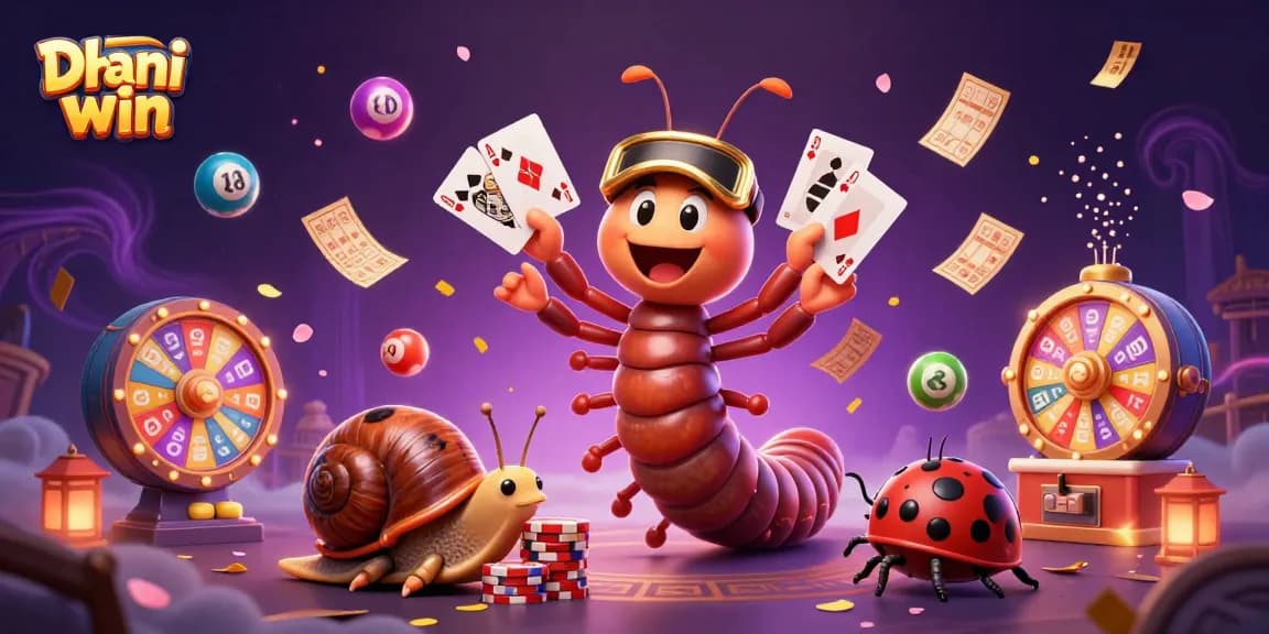 Dhani win casino experience showcasing a millipede dealer, high-roller snail, and excited pill bug amidst vibrant lottery elements.