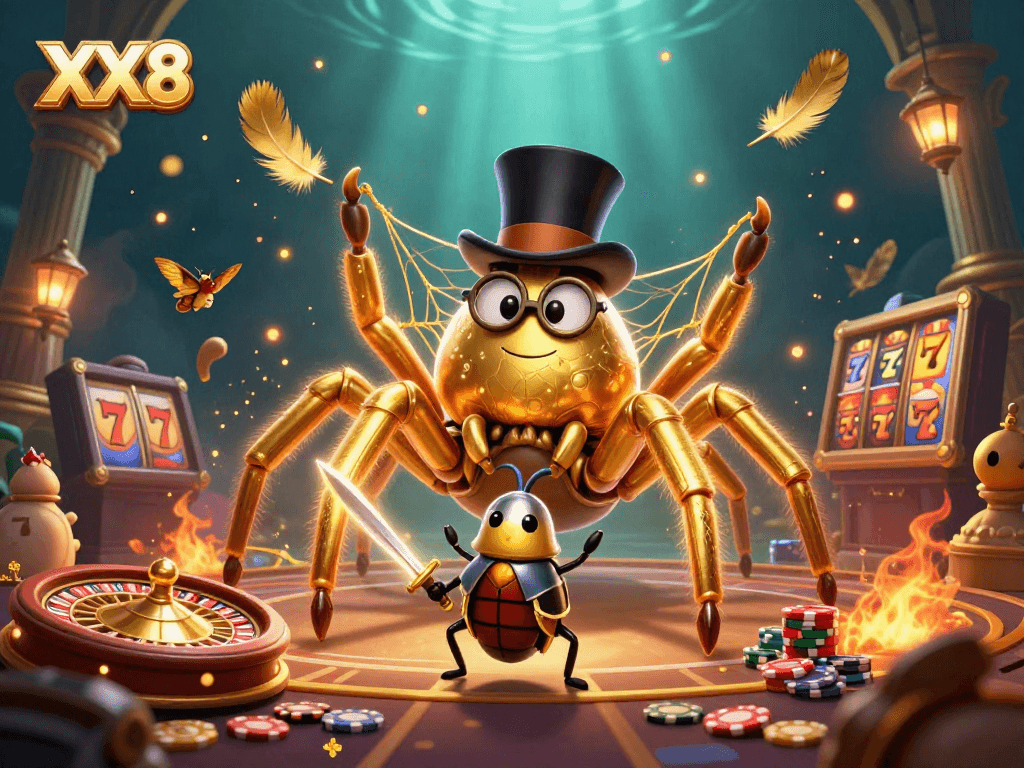 Experience thrilling gameplay at XX8 with a vibrant 3D casino scene featuring a daring beetle knight and golden tarantula.