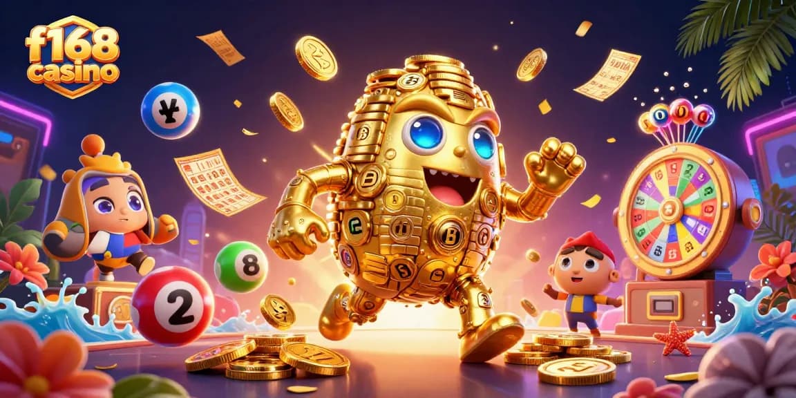 Experience excitement at f168 casino with a dynamic 3D illustration of a golden golem and lively game elements.
