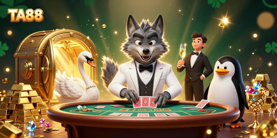 TA88 features a debonair wolf at baccarat, with cards and jewels scattered in a lively casino scene.