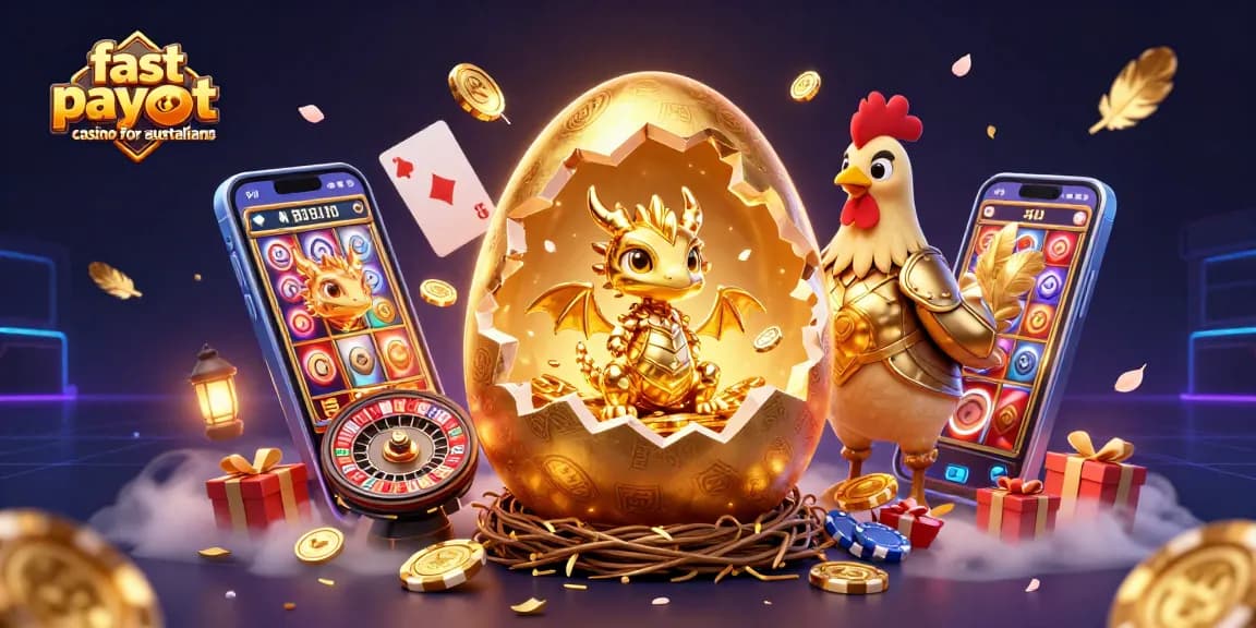 Engage with the fast payout casino for australians through vibrant 3D illustration featuring golden dragon and poker chips.