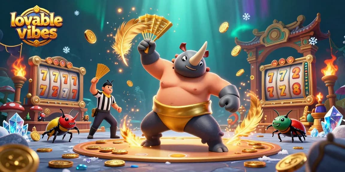 Experience thrilling gameplay with lovablevibes as a powerful sumo champion beetle sends golden coins flying.