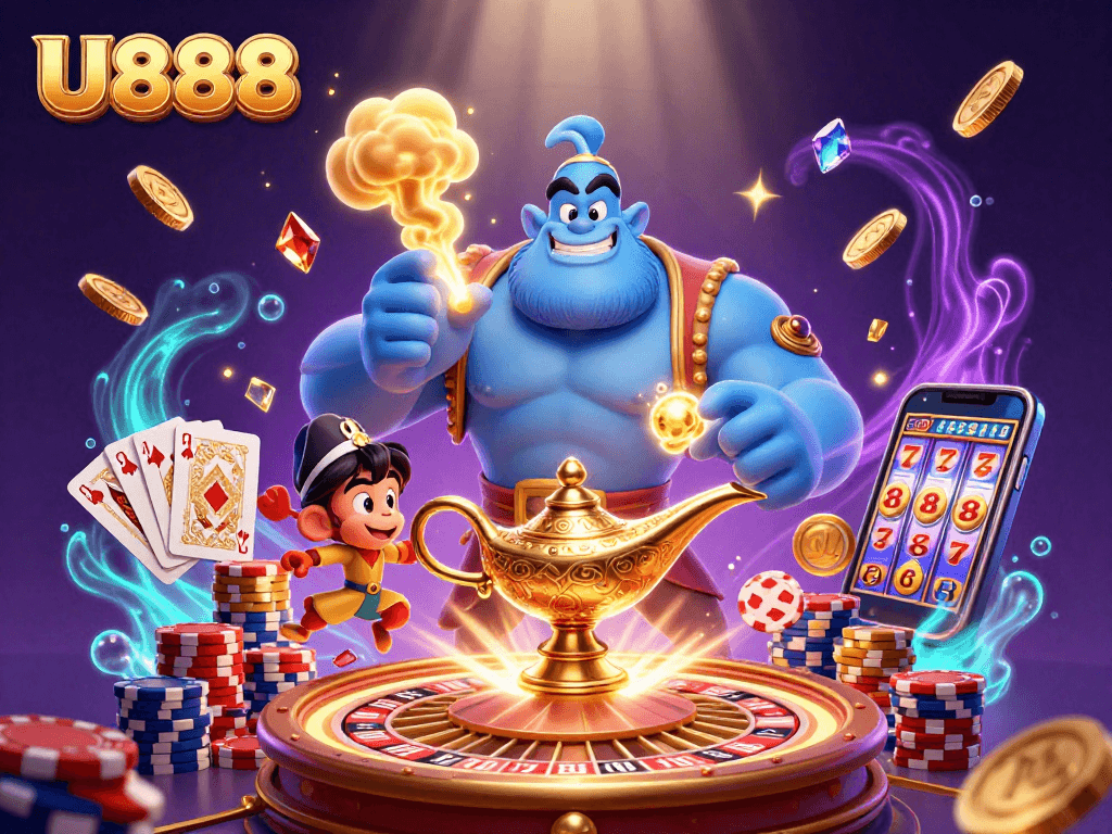 Engage in thrilling U888 gaming adventures with vibrant characters, casino elements, and magical effects.