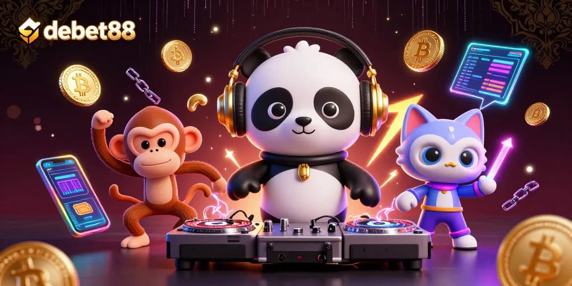 Experience thrilling gaming at debet88 with fun characters amidst vibrant casino elements and blockchain icons.