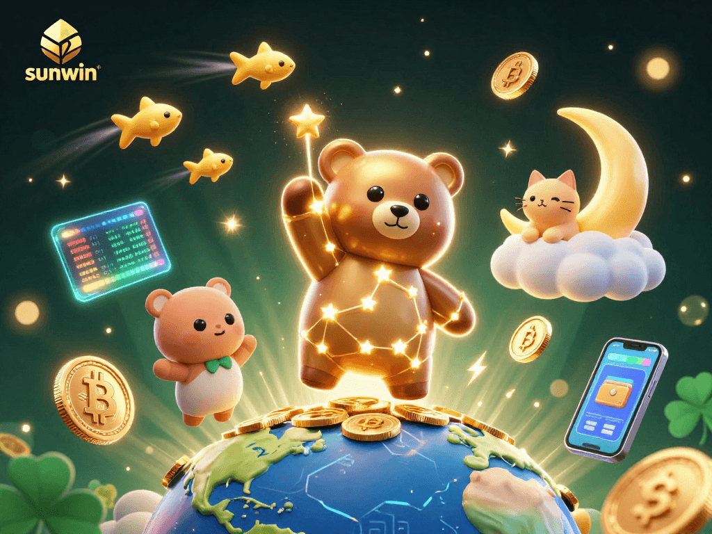 Experience the sunwin magic with golden star characters collecting coins in a vibrant casino world