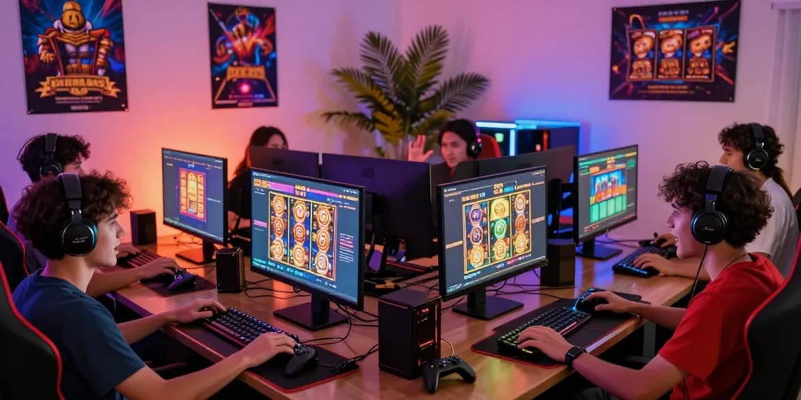 Exciting gaming moment on situs slot deposit 10 ribu with players celebrating wins in a colorful home gaming setup.