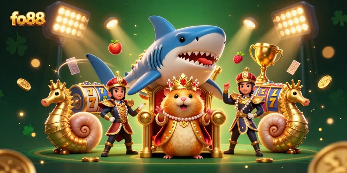 Engage with fo88's thrilling slots and jackpots illustrated by a golden hamster king on a megalodon throne.