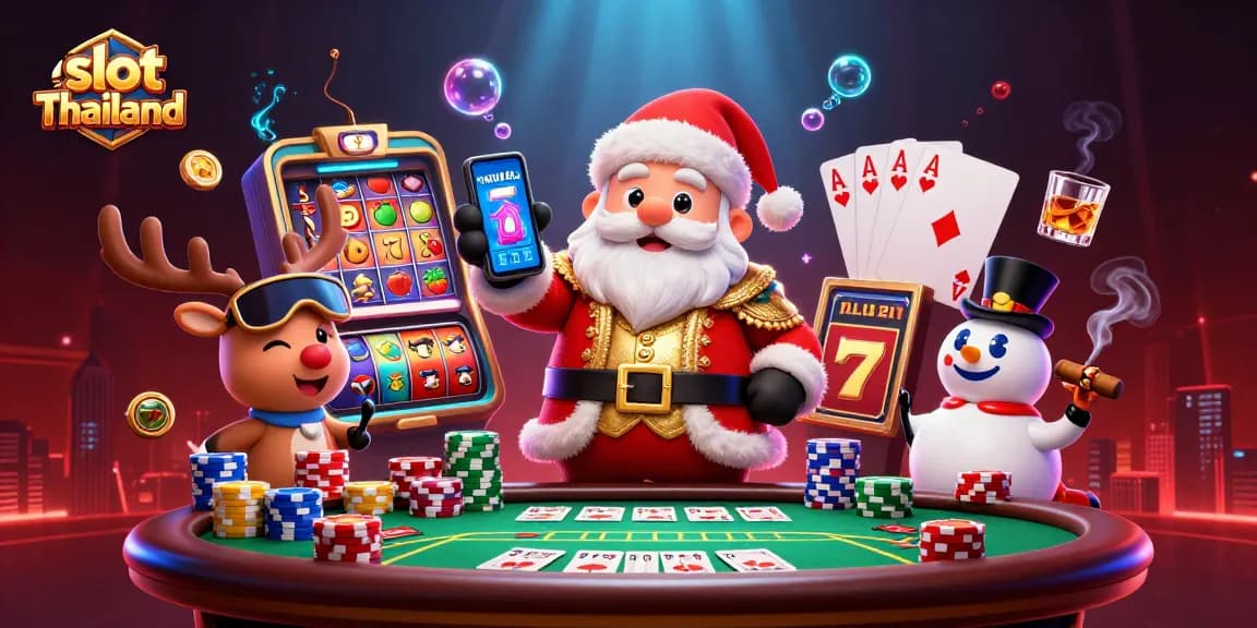 Permainan slot Thailand yang seru dengan Santa dan teman-teman di kasino penuh warna.