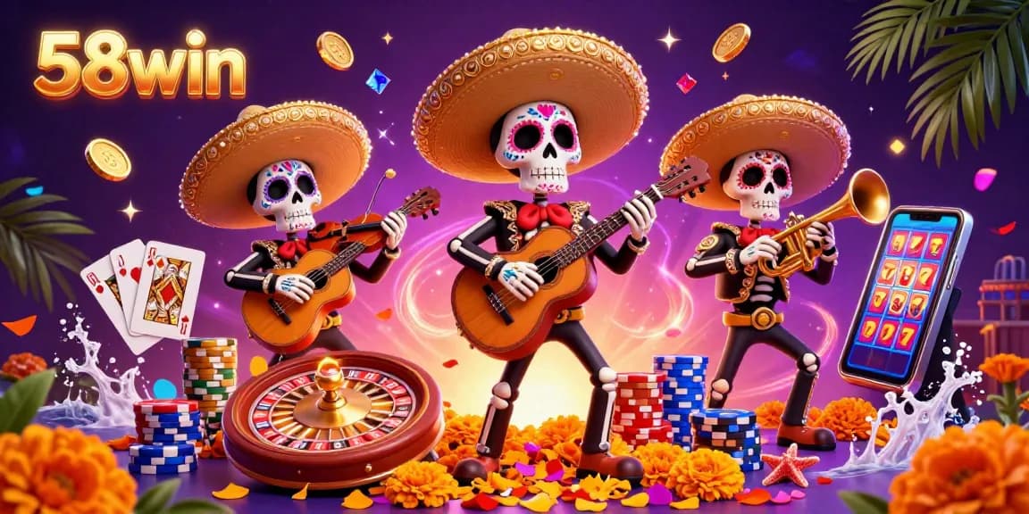 Cascade your winnings at 58win with a festive mariachi band illustration amidst thrilling casino elements.