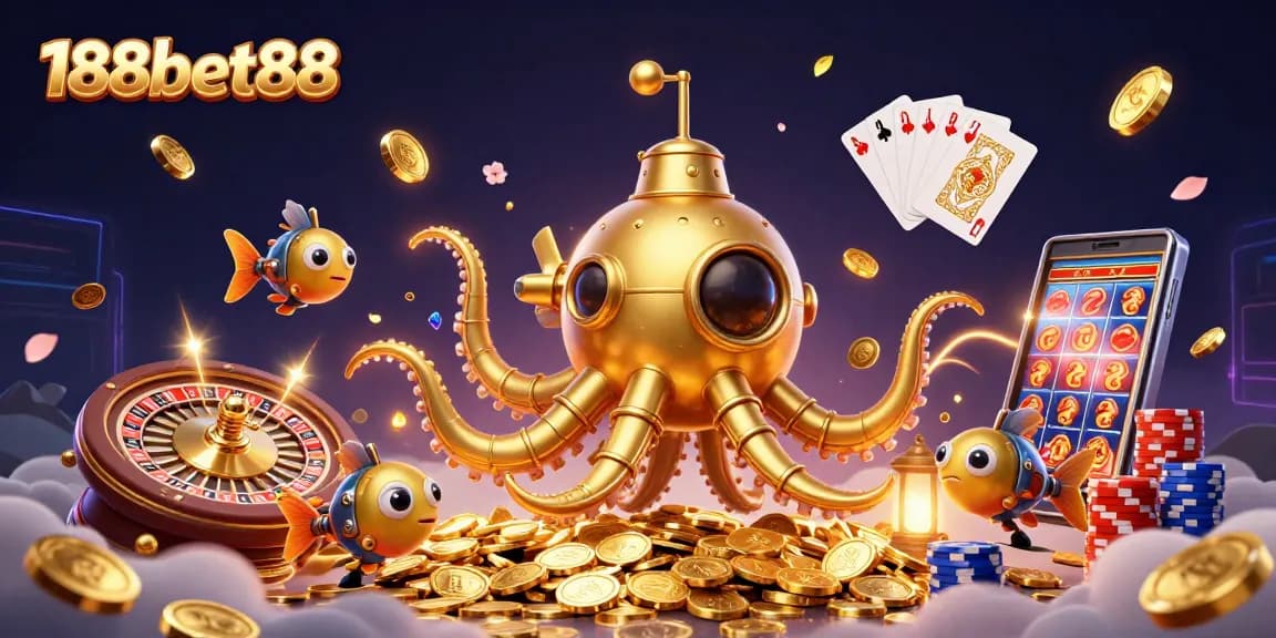 Engage with 188bet88 through a vibrant scene of casino excitement featuring a golden kraken and mechanical fish.