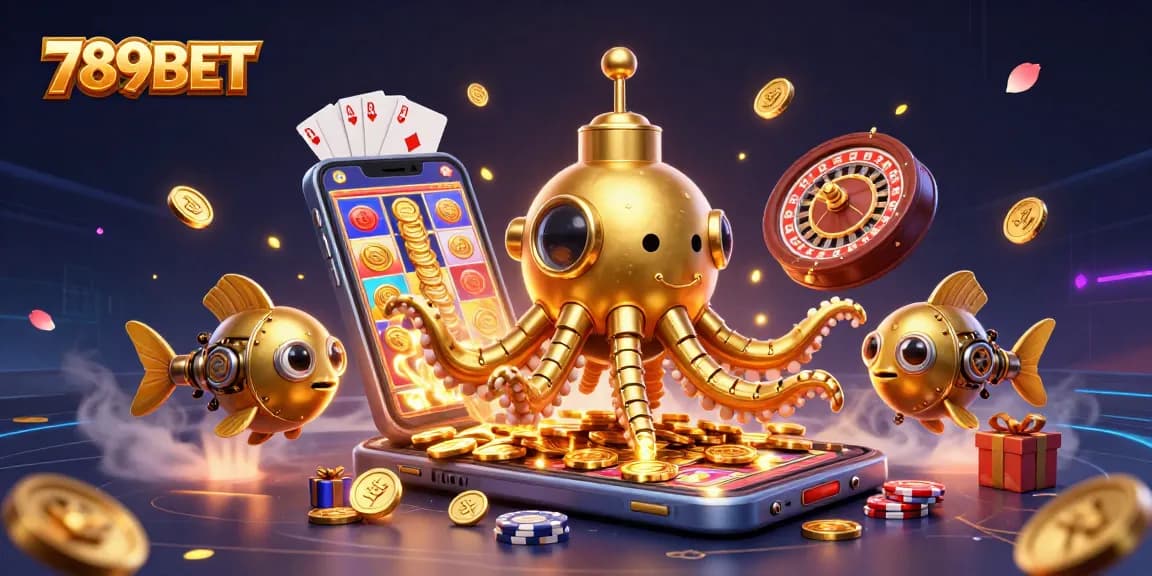 Win big at 789BET with an exciting 3D casino scene featuring a golden kraken, slot games, and treasures.