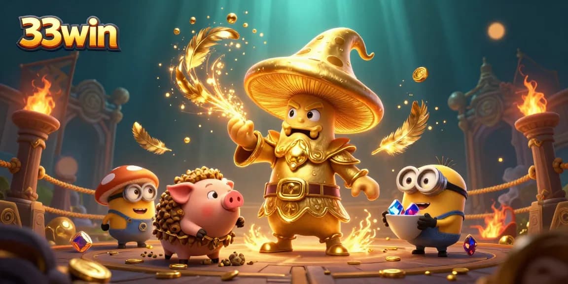 Bet on treasure with 33win, featuring a wizard and minions in a magical casino scene.