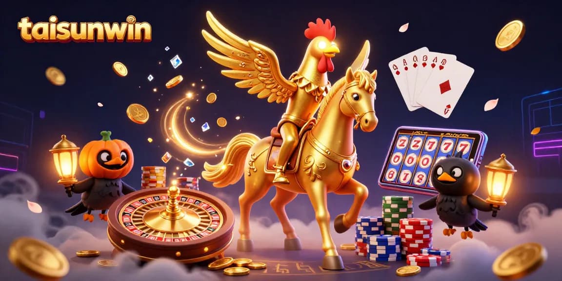 Experience the thrilling antics of taisunwin in a vibrant casino scene with a golden rooster and cheerful companions.