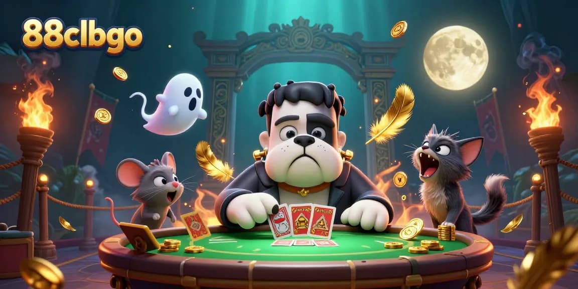 Experience thrilling gameplay at 88clbgo with the Frankenstein bulldog dealer amidst vibrant casino elements and ghostly details.
