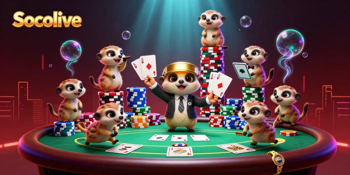 Socolive features an elaborate meerkat casino operation with vibrant casino elements and dynamic activity.