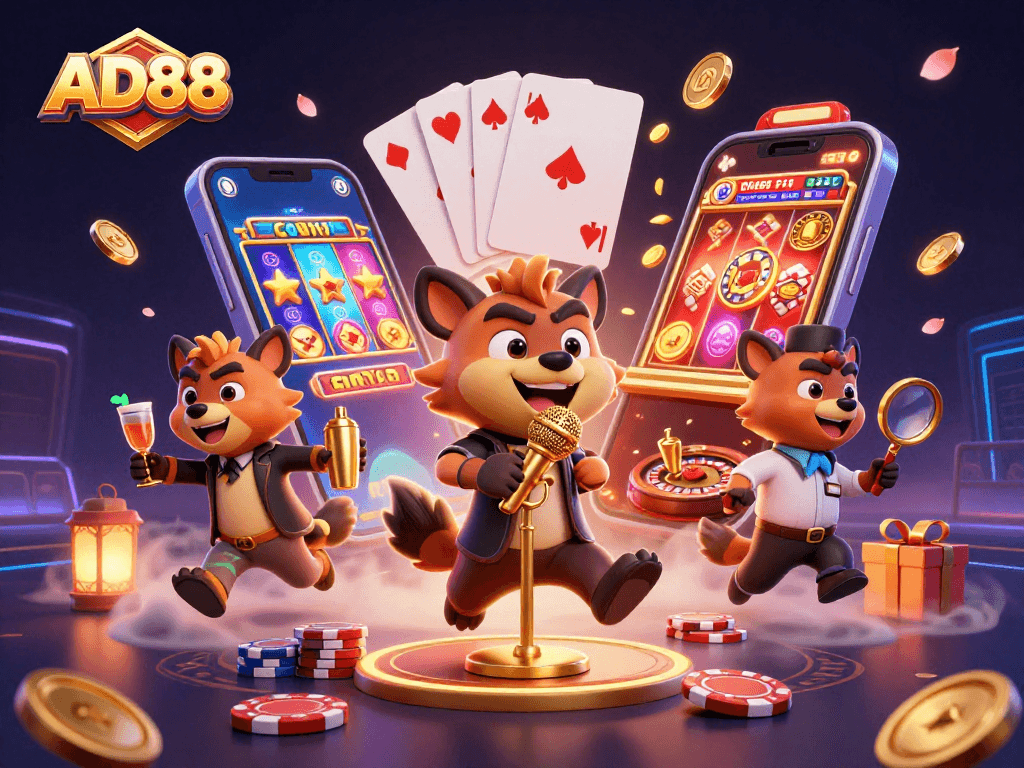 Experience the vibrant world of AD88 with animated hyenas hosting a lively casino atmosphere.