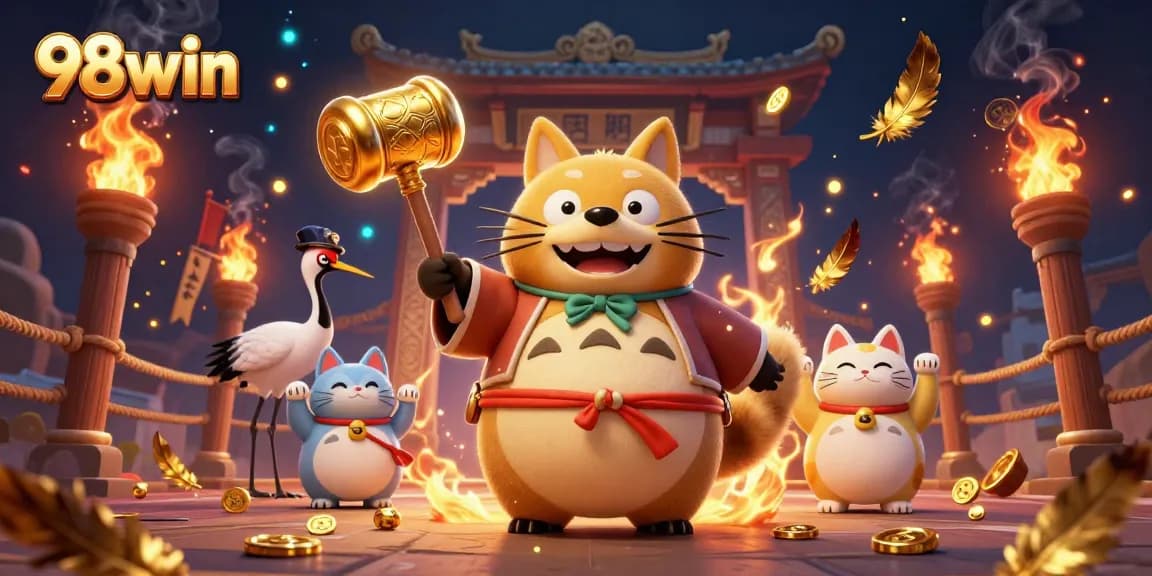 Win big with 98win slots, featuring a cheerful tanuki and lucky symbols in a vibrant casino scene.