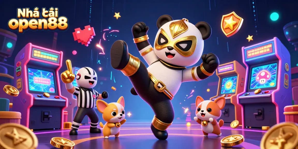 Engage with Nhà cái open88 in a vibrant gaming scene showcasing a panda wrestler and chihuahua referee.