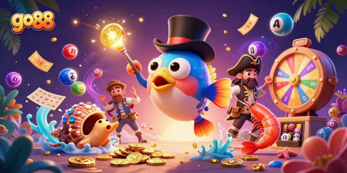 Win rewards at go 88 in this vibrant underwater casino scene featuring engaging characters and exciting game elements.