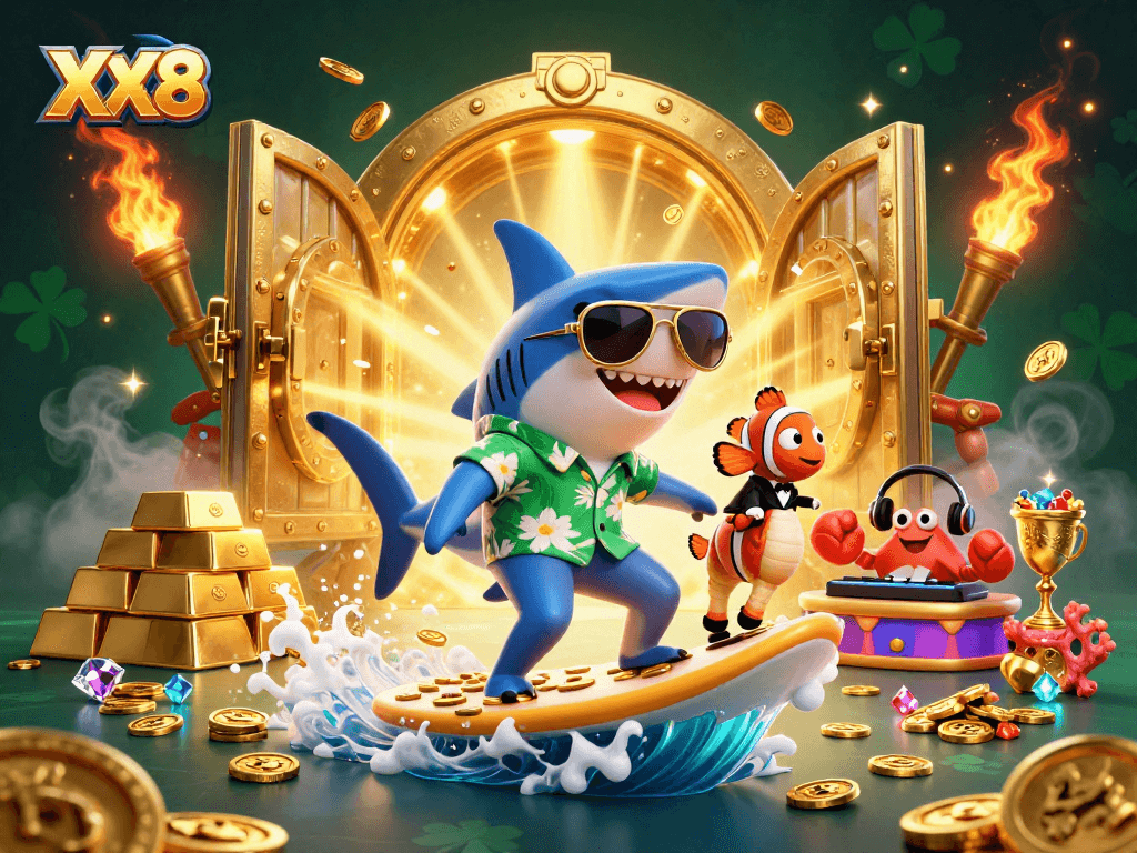 Experience the thrill of winning with XX8’s vibrant casino scene featuring playful characters and sparkling treasure.