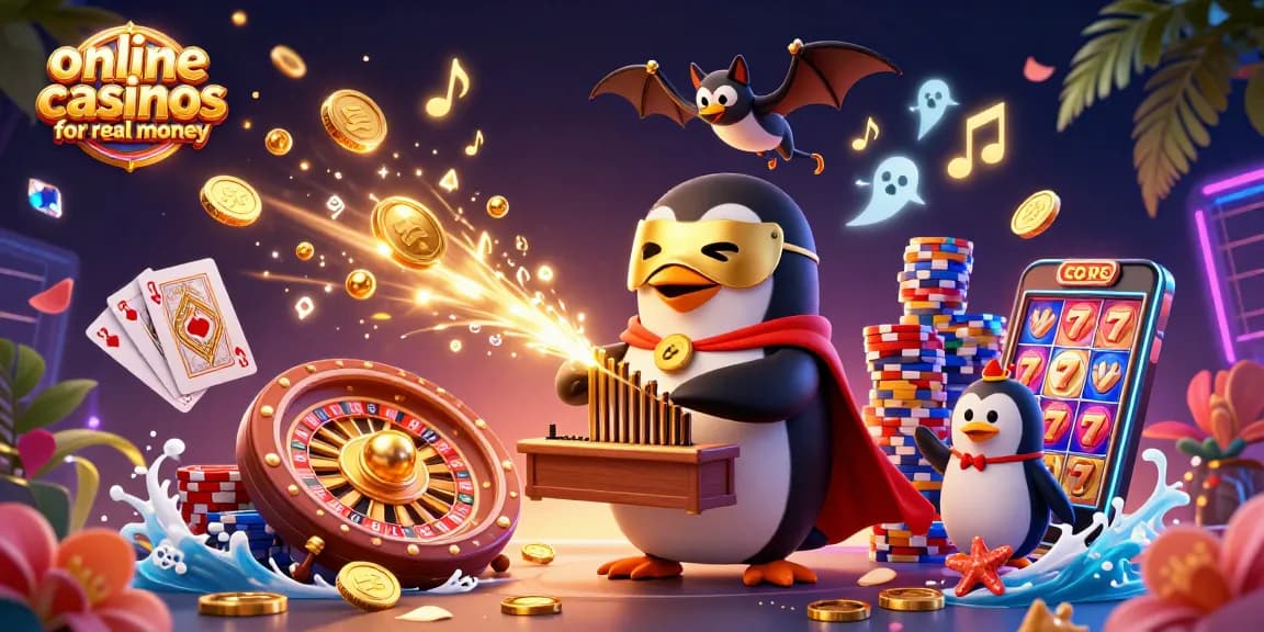 Experience the thrill of online casinos for real money with a vibrant 3D casino scene filled with action and excitement.